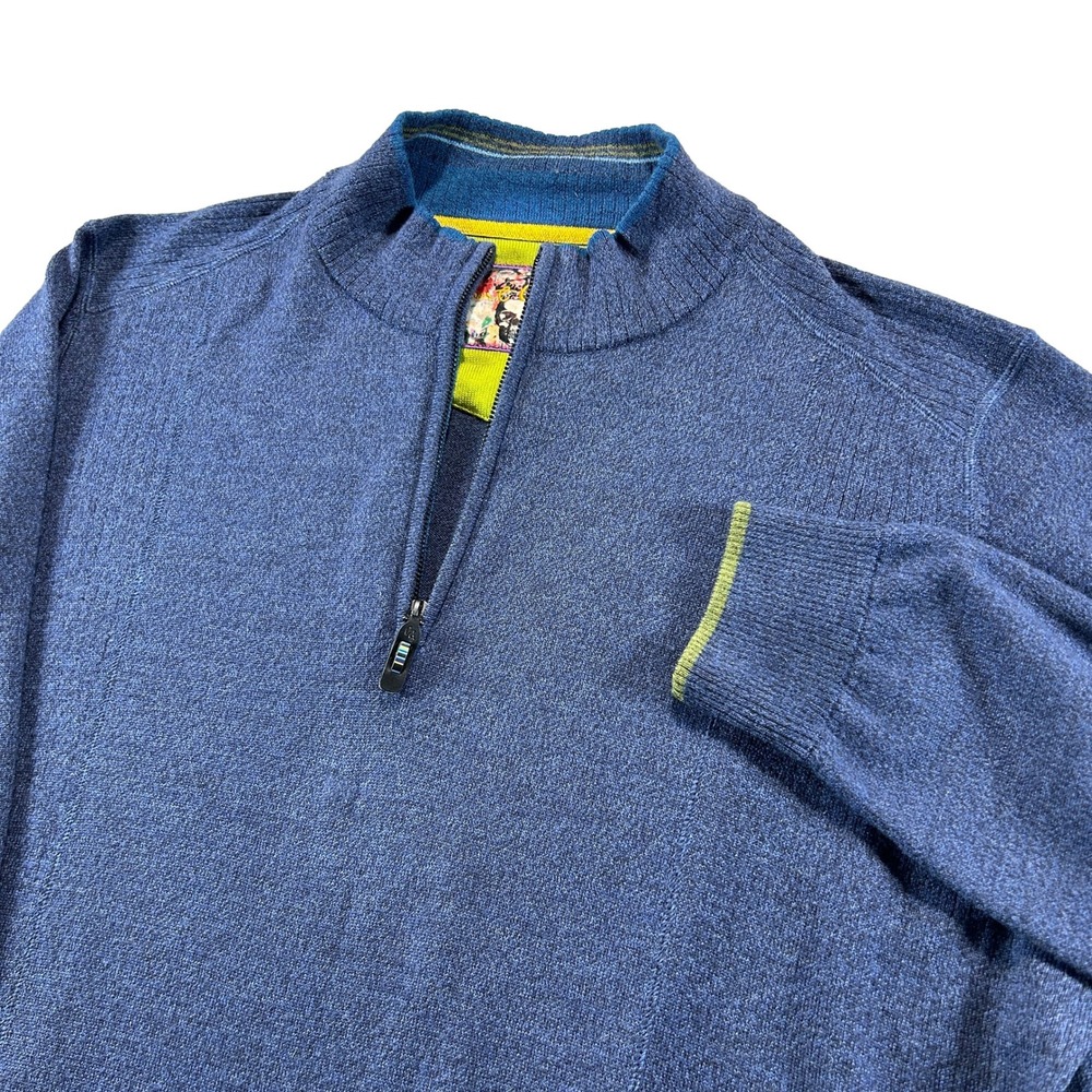 Robert Graham Quarter Zip Sweater Mens 2XL Blue Wool Elbow Patch Classic Fit